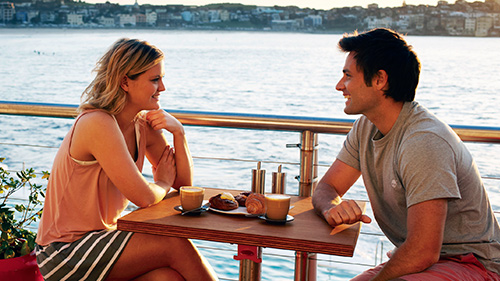 Couple having breakfast by waterscape